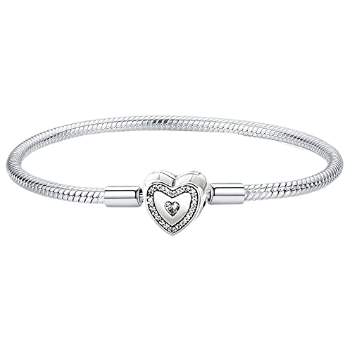 Dewhlia 925 Sterling Silver Snake Chain Bracelet Heart Clasp With Clear Cubic Zirconia Fit For Beads Charms Jewelry 7.5 In #TOP24