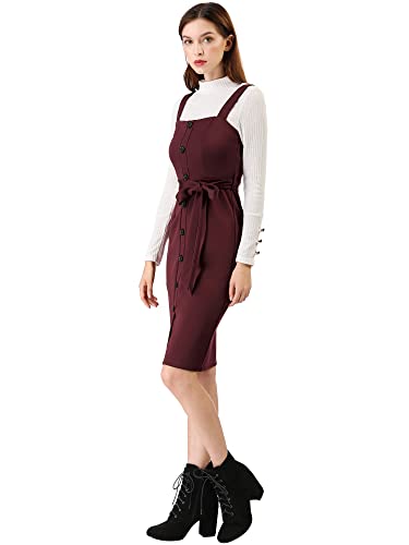 Allegra K Women's Classic Button Front Slim Fit Sleeveless Tie Waist Pinafore Overall Dress Medium Burgundy #TOP3
