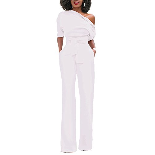Eiffel Women's One Shoulder Wide Leg Jumpsuits Rompers Long Pants Bodysuit White Size Medium
