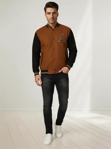 Image of CHKOKKO Men's Regular Varsity Jacket with Snap Button Closure and Patch Design Trendy Comfortable Outerwear for College Travel and Casual Wear