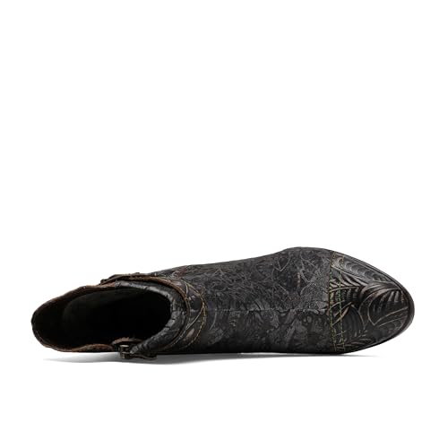 CrazycatZ Womens Leather Ankle Boots, Vintage Block Heels Floral Bohemian Bootie4