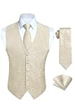 HISDERN Men's Vests Dress Suit Vest for Men Champagne 3pc Waistcoat & Tie Pocket Square Beige Paisley Vest Suit Tuxedo Formal Set Wedding Party
