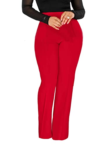 Women Tailored Pants Long High Waist Work Pants Casual Wide Leg Trousers Pants Slim Fit Straight Leg Office Pants Red S