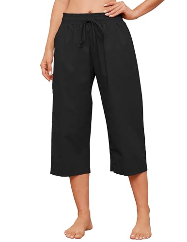 Women's Capri Pants Baggy Lounge Drawstring Pants Plus Size Wide Leg Croped Pants with Pockets