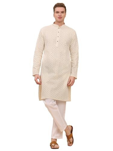 Men's Pure Cotton Sequined Embroidred Kurta | Traditional Indian Festive Kurta (A-126)