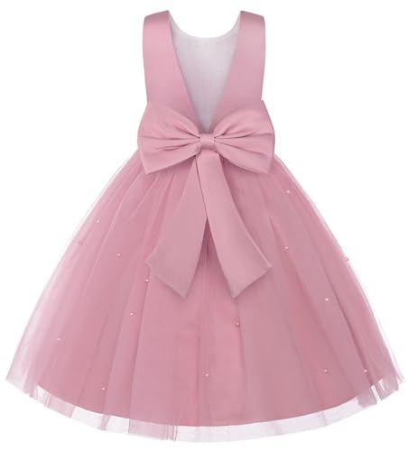 Uhnice Flower Girl Dress Satin Ball Gown for Wedding Party with Bowknot (Pink, 140cm/ 7-8T)