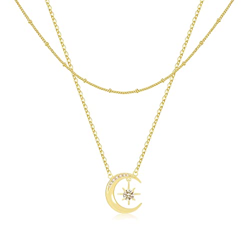 Delmin Moon And Star Necklace For Women,18K Gold Plated Crescent Moon Layered Choker Necklace, Duty North Star With 5A Cz Long Chain Layering Choker Necklace For Girls Jewelry Gift #TOP10