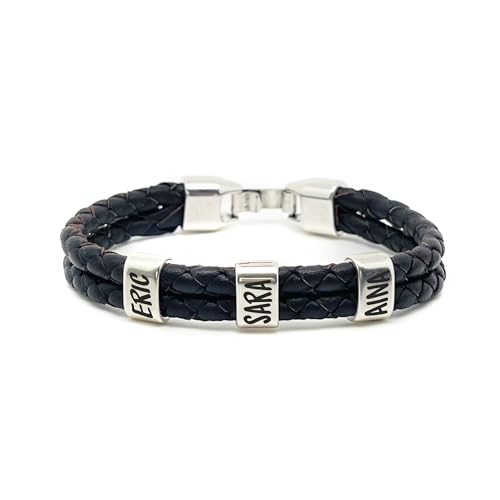 Rincón del Artesano Málaga. Pulsera con Nombres Personalizada en Zamak Baño Plata y Cuero Español. Regalo Dia del Padre. Pulseras Personalizadas. (Trenzado Doble Marrón)
