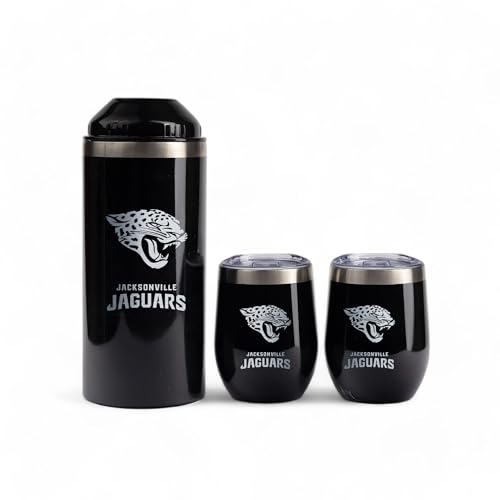 The Memory Company Officially Licensed Wine Bottle Chiller with 2 Ceramic Lined 12oz. SS Stemless Wine Tumblers, Jacksonville Jaguars