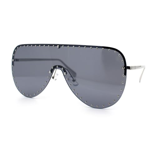 Womens Metal Studded Rimless Oversized Shield Flat Top Racer Sunglasses4