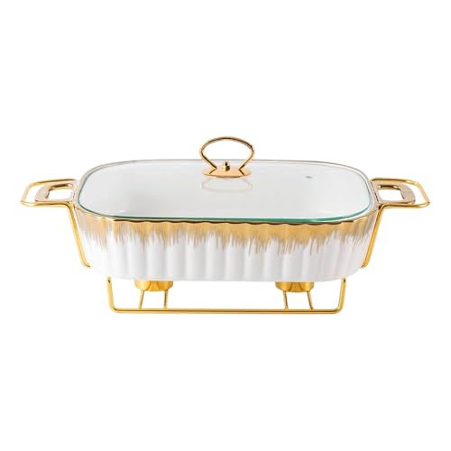 Reldor Ceramic Food Warmer with Gold Wire Stand and Lid for Heat & Moisture Retention, 13 Inch Rectangular Chafing Dish for Buffet, Ideal for Weddings, Parties, Catering Events (White & Gold)