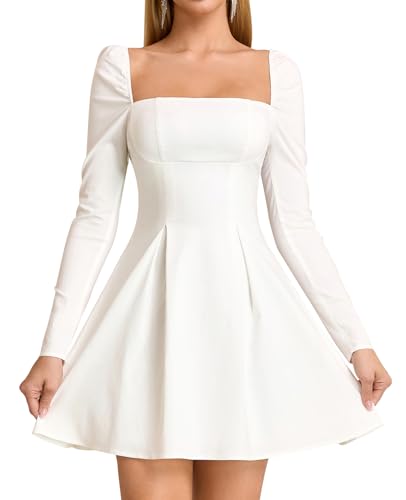 Women Long Sleeve Fall Mini Dress Bow Tie Party Cocktail Wedding Guest Square Neck Short Dresses