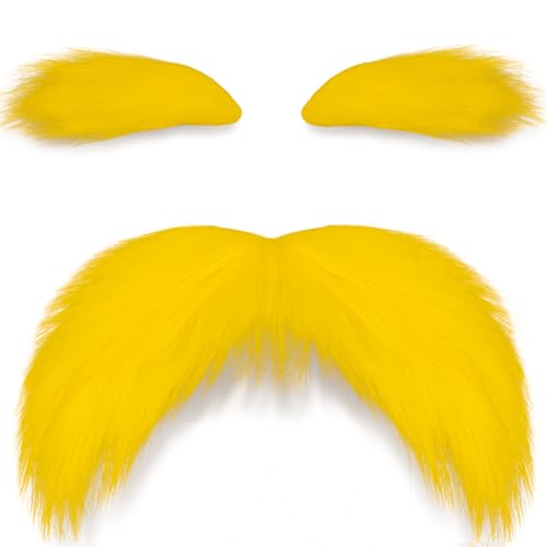 Yellow Mustache and Eyebrows Funny Cosplay Costume Accessories Reusable Stick-on Fake Beard Mustaches Bushy Eyebrows for Dressup Day Halloween Party Favors Men Women 1