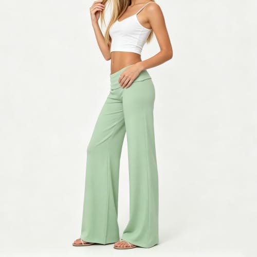 Image of Lounge Yoga Pants for Women Fold Over Low Waist Wide Leg Bell Bottoms | Y2K Foldover Pants, Flare Leggings, Low Rise Yoga Sweatpants