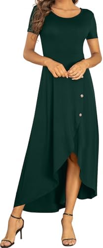 Womens Summer Dresses High Low Slit Hem Casual Short Sleeve Maxi Dress with Buttons