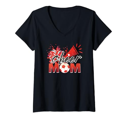 Mujer Cheer Mom Soccer Sport Football Lover Pom Party Gritar Divertido Camiseta Cuello V