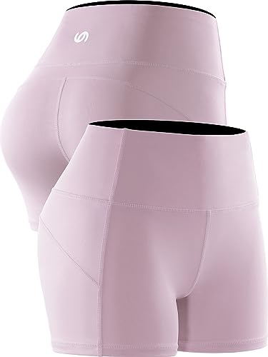 CADMUS Women's High-Waisted Spandex Athletic Shorts for Yoga, Running, Volleyball, Cheer & Biker Shorts,3 Pack,11,Black & Thistle & White,Small