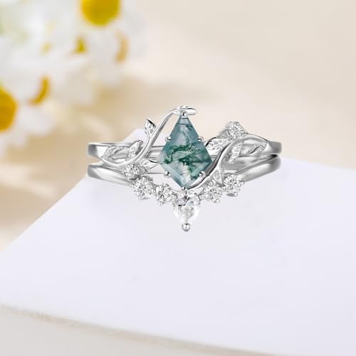 1-5ct Gemstone and Moissanite Wedding Ring Sets for Women 10K 14K 18K Solid Gold Kite Cut Birthstone Gemstone Bridal Ring Set Art Deco Vine Leaf Engagement Ring Sets 2pcs Free Engraved3