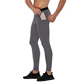 ZERAOKE Men's Solid High-Waist Fleece Compression Pants with Pockets,Warm Athletic Base Layer for Winter Sports Workout-Light Gray-XL