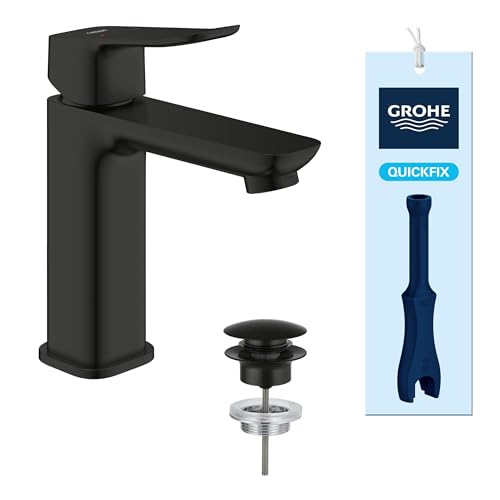 GROHE Dice Waschtischarmatur wassersparend (Wasserhahn für das Bad Badarmatur mit Push-Open Ablauf 17cm hoch mit 3in1 Werkzeug einfache Installation am Waschbecken) mattschwarz 1018332430