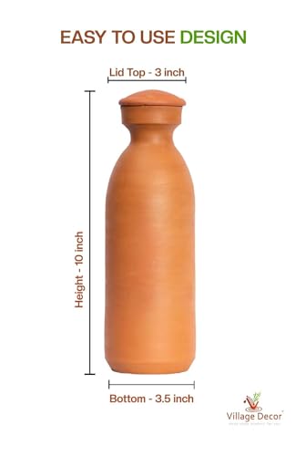 Village Decor Clay Terracotta Brown Color Preseasoned Water Bottle with lid 1000 ML - Pack of 1