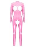 TiaoBug Damen Wetlook Bodysuit Ouvert Hose Latex Catsuit Lack Leder Overall Jumpsuit Ärmellos Tank Top Hot Pants Sexy Dessous Gogo Clubwear Hot Pink F 4XL