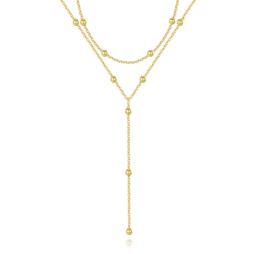 Lariat Gold Necklace, Y-Shaped Layered Long Necklace 18K Gold Plated Pendant Choker Dangle Drop Necklaces Trendy Beaded Chain Simple Dainty Jewelry for Women Gift