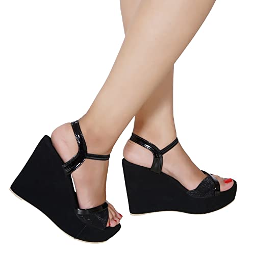 Image of YASHU ENTERPRISES Women Glitter Wedge Heel Sandal (Article Number 024 Black)