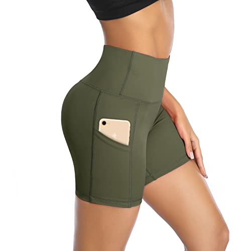 Dayoung Women Yoga Shorts High Waist Tummy Control Workout Biker Running Athletic Compression Short With Pockets Y27-Army Green-M cover