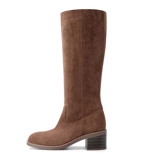 Image of DOEYG Women's Banana Knee High Boots Square Toe Chunky Block Heel Tall Boots Wide Calf Fashion Comfortable Casual Pull on Long Boots