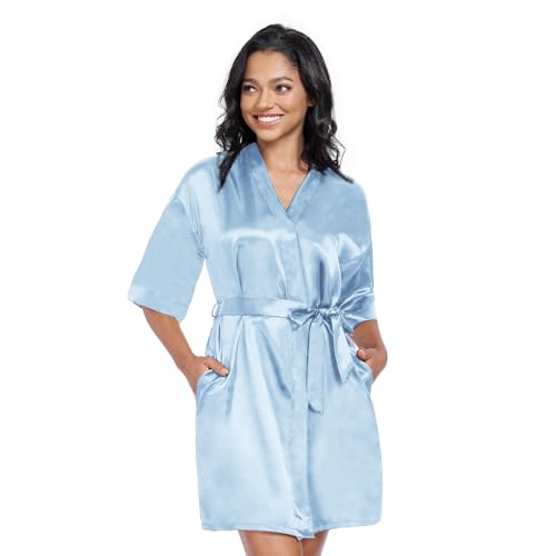 Image of Women's Short Satin Robes Lightweight Silky V-Neck Sleepwear Wedding Bridal Party Bride Bridesmaid Bathrobes