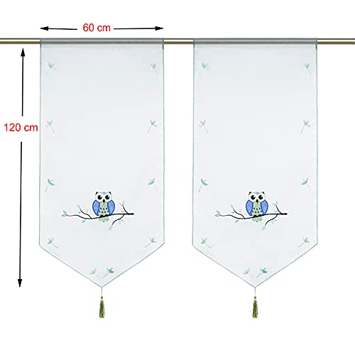 Heichkell Voile Net Curtains Owl Pattern Transparent Embroidered Bistro Curtain with Tassel Window Curtains Drawstring Panneaux Short Net Curtains Green W x H 60 x 120 cm Pack of 2 - Image 2