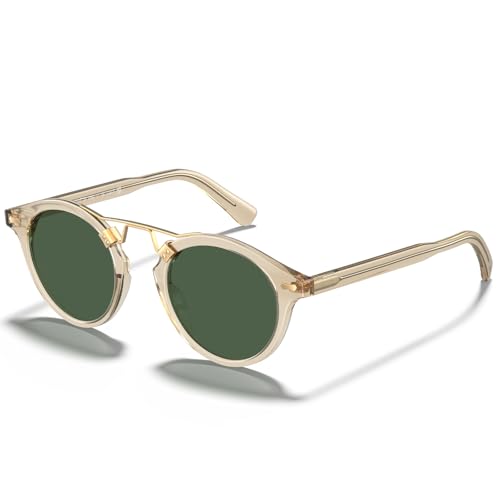 Image of CARFIA Small Face Acetate Polarized Sunglasses for Women UV Protection, Retro Double Bridge Eyewears Metal Brow Round Sunnies