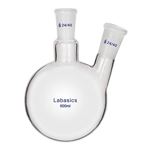 Labasics Glas 500ml Rundkolben mit 2 Hals RBF, 2 Neck Round Bottom Flask mit 24/40 Mittlerer und Seiten Konus Joint - 500ml Cover