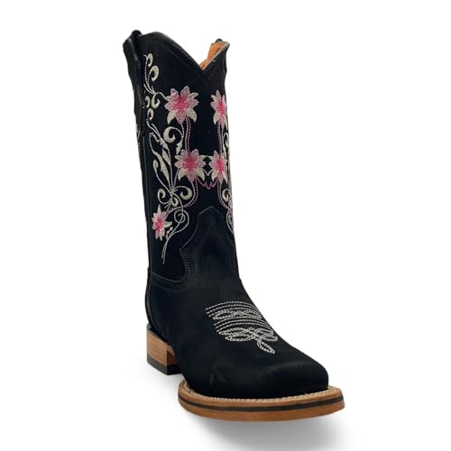 The Western Shops Women’s Cowboy Boot, Floral Embroidered Western Cowgirl Boots, Mid Calf Pull-On Square Toe (9.5, Black Pink)