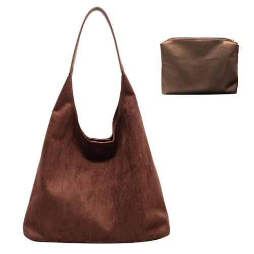 Suede Bags for Women - Brown Suede Tote and Shoulder Bag with Zip...