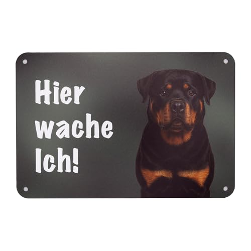 Rottweiler - Hier wache ich! Premium-Schild für den Gartenzaun & Grundstück, Warnschild Hund, Sicherheit, Deko & Geschenk, UV- und wetterfest, Alu-Verbund, 24 cm x 16 cm - Made in Germany