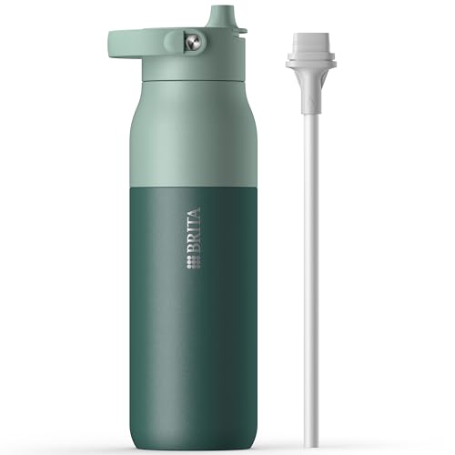 BRITA LARQ Essential Trinkflasche mit Strohhalm (1L) grün - Edelstahl Wasser-Flasche, doppelwandige Isolierung (24h kalt), mit abnehmbarem Soft-Touch Henkel, spülmaschinengeeignet