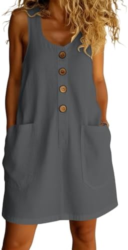 Women Summer Casual Dress Sleeveless Midi Tank Sundress with Pockets V Neck Buttons A Line Cotton Tshirt Dresses Gray-XXL