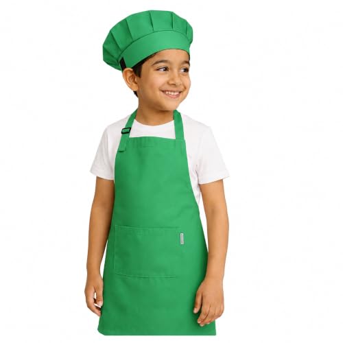 Image of uniformer Kids Apron with Chef Cap for Cooking, Baking, Painting Art & Crafts | Adjustable Child Apron with 2 Pockets | Great for Kitchen, School