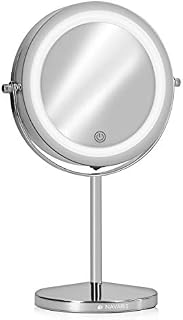 Navaris LED Illuminated Makeup Mirror - Two-Sided Vanity Mirror with Normal and 5x Magnification - 360° Cosmetic Mirror with Touch Screen - Silver