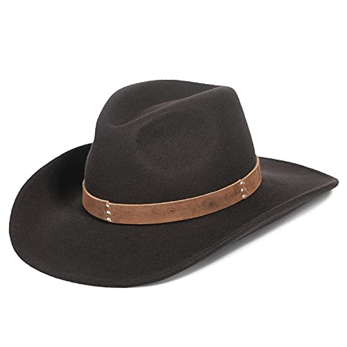 Cancan Cowboy Hat, Wool Felt Hats for Men and Women Classic Pinch Front Wide Brim Fedora Western Outback Outdoor Hat with Belt (Chocolate, M)