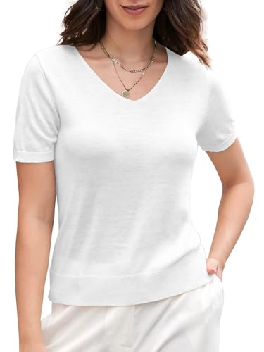 Image of SANGTREE Women's Short Sleeve Sweaters V Neck Casual Knit Pullover Tops | Perfect as a lightweight sweater for spring /summer or as a layering piece. Ideal for office, daily, holiday, home etc