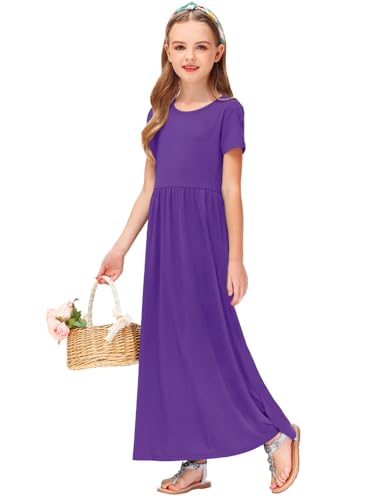 Image of Deerose Girls Maxi Dress Short Sleeve Casual Long Dresses with Pockets 5-14 Years