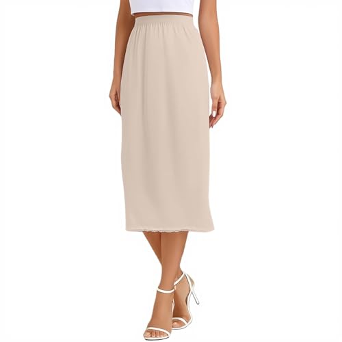 Enagua Mujer Larga Maxifalda Elegante Faldas Bajo Vestido Sedoso Toque Enaguas Invisibles Midi Falda Larga Verano Falda Oculta Cintura Elástica Casual Falda de Verano, O beige., L