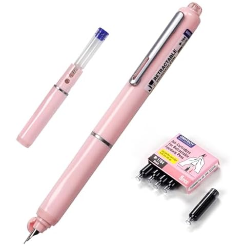 WRITECH Fountain Pen Black Ink: Retractable Fine Nib Pens Set Includes 5 Ink Cartridges Smooth Writing for Calligraphy Journaling Doodling Sketching Gift (Pink) Cover