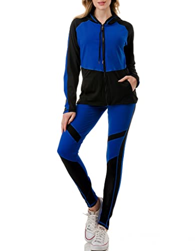 Jvini Women's Tracksuit Set 3- Piece - Full Zip Active Hooded Jackets- Racerback Tank & High Waist Leggings Blue/Black Size L/Xl Us (8-12) #TOP29