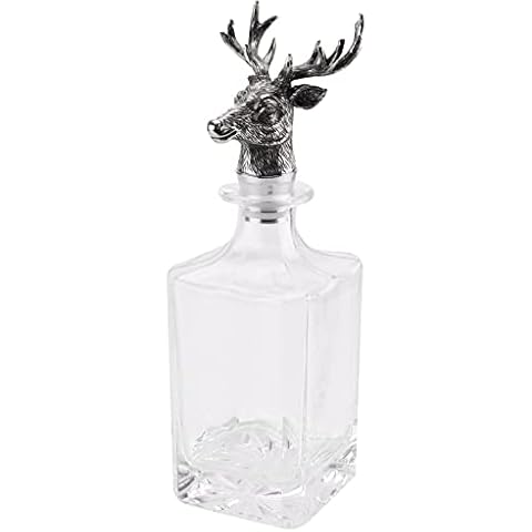 Rigeli Regent Straight Body Whiskey Decanter - Chromeplated Stag Head Stopper Whiskey Decanter Gift Set for Bar by Luxury Decanter for Bourbon, Scotch, or Whiskey 25.3 oz 750ml Transparent Cover