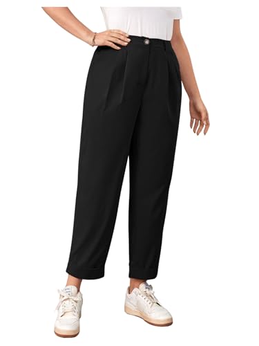 OYOANGLE Women's Plus Size Pleated High Waist Pants Tapered Cropped Office Trousers