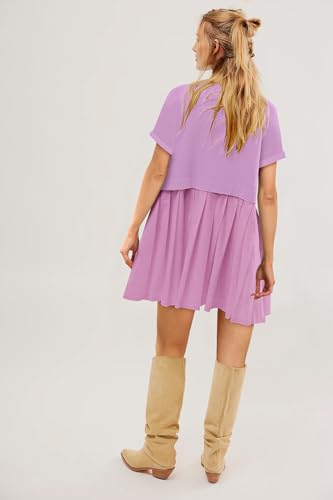 Image of SAUKOLE Womens Summer Crew Neck Short Sleeve Dress Patchwork Pleated A Line Beach Mini Dress